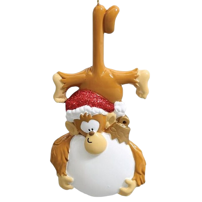 Playful monkey ornament wearing glittery red Santa hat holding blank white belly for Christmas Ornaments & Tree Decorations collection under $50