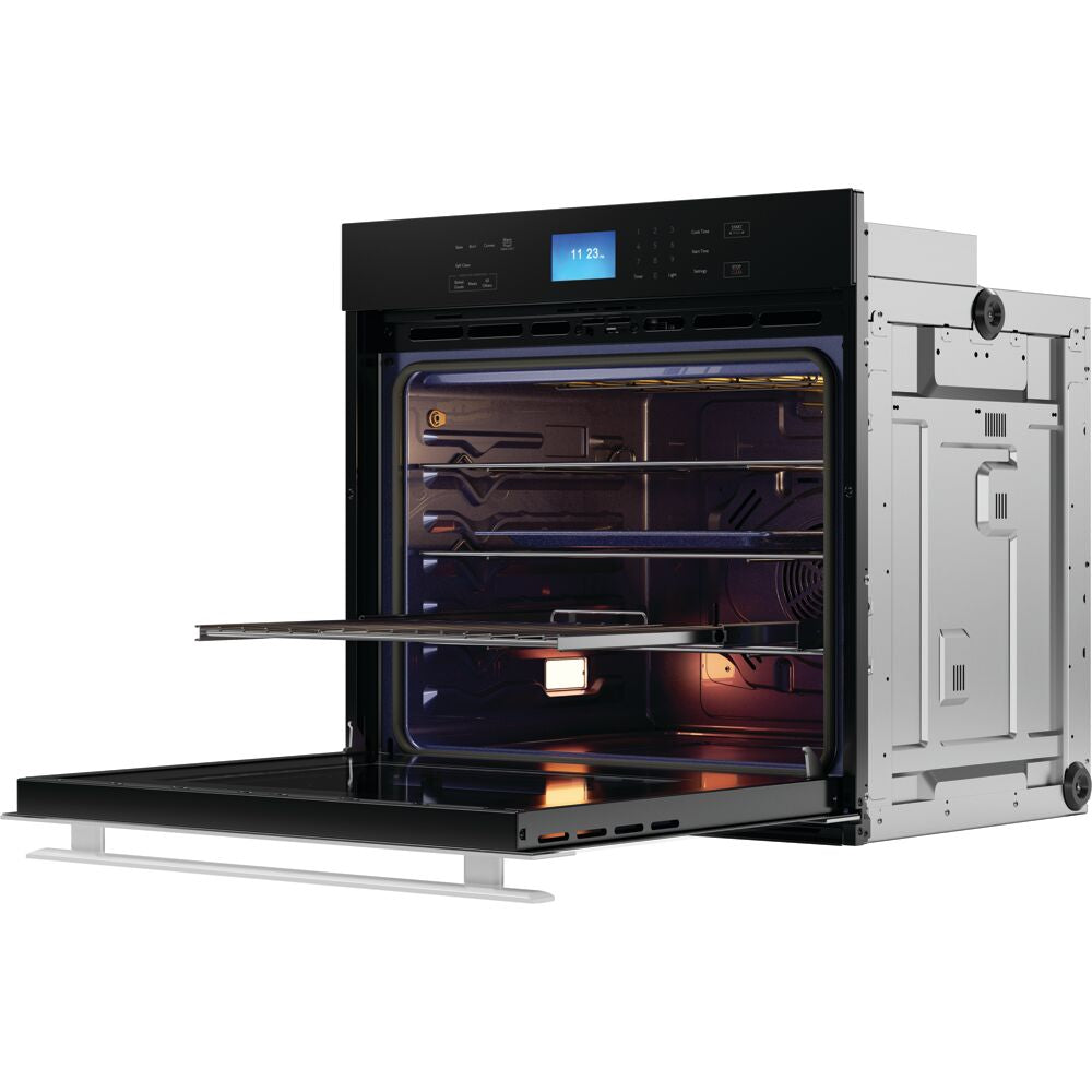 Open electric single wall oven with black glass front and digital control panel from Kitchen & Kitchenware collection