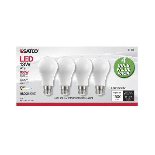 Four-pack of warm white frosted LED bulbs with medium base for energy-saving home lighting solutions