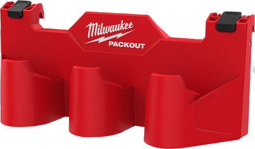 Red Milwaukee PACKOUT battery rack attachment for securing M12 batteries in tool storage and workshop organization collections