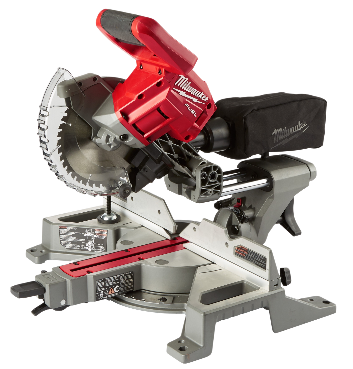 Red and gray cordless sliding compound miter saw with dust collection bag for precision woodworking in power tools category