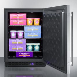 Stainless steel outdoor upright freezer with interior shelving, designed for use in kitchen and appliance collections