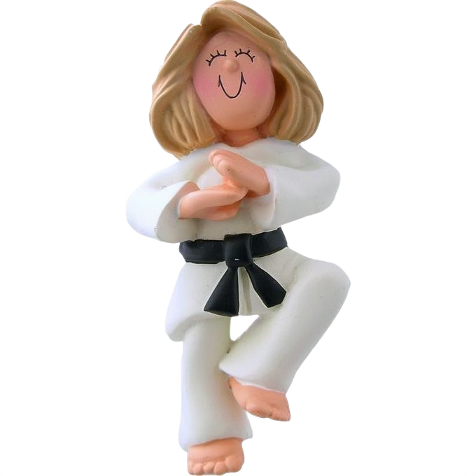 Blonde female karate figurine wearing white gi and black belt in festive Christmas ornament collection under $50