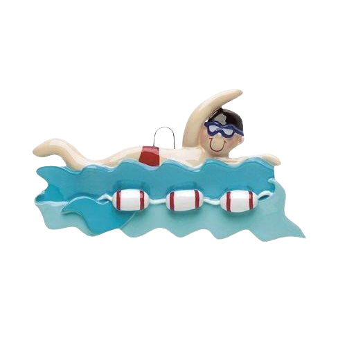 Playful boy swimmer ornament with goggles and red swim trunks in stylized water for Christmas Decorations under $50 collection