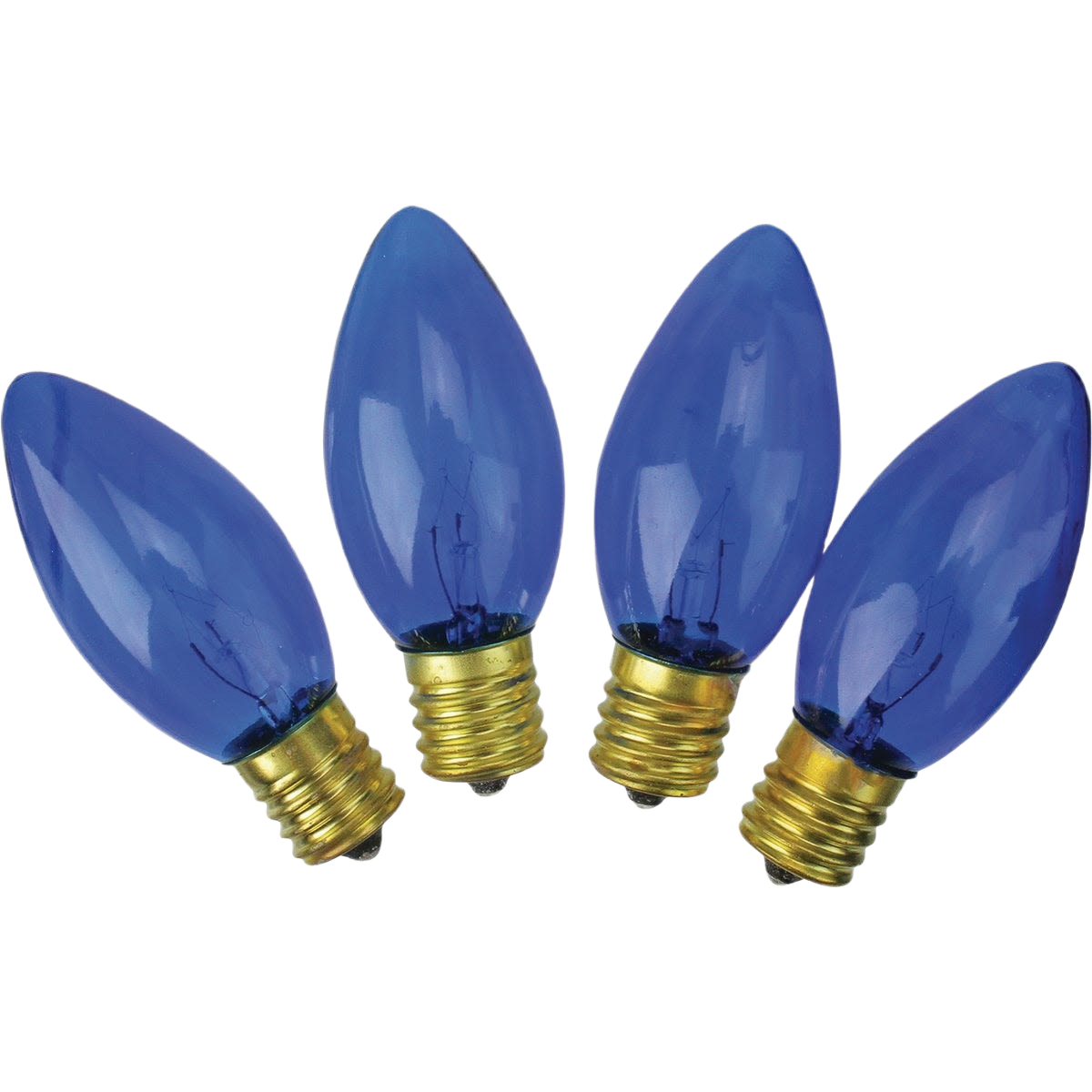 Four blue C9 replacement light bulbs with brass screw bases for Christmas lights and home improvement use under $50