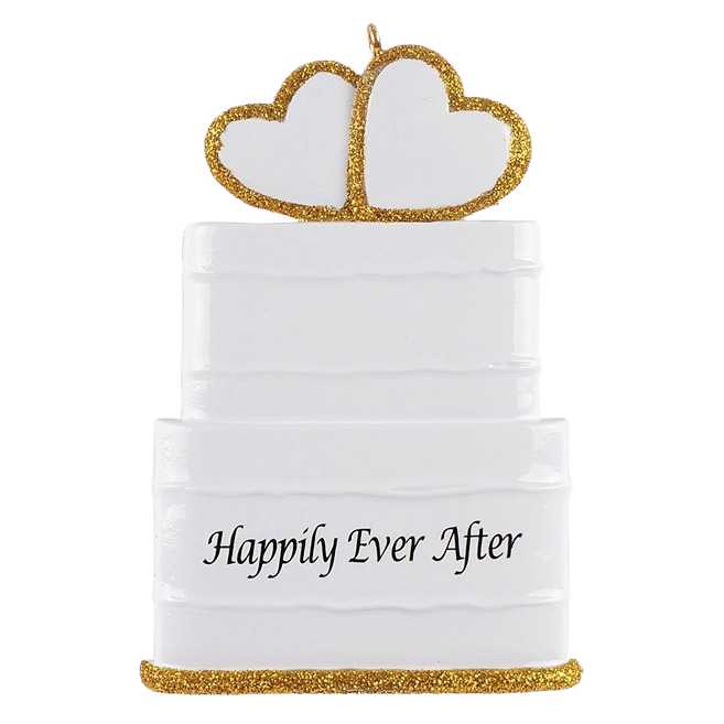 White tiered wedding cake ornament with gold glitter hearts and "Happily Ever After" script for Christmas decorations under $50