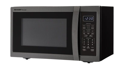 black and stainless steel compact microwave oven with digital control panel for kitchen appliances and home improvement