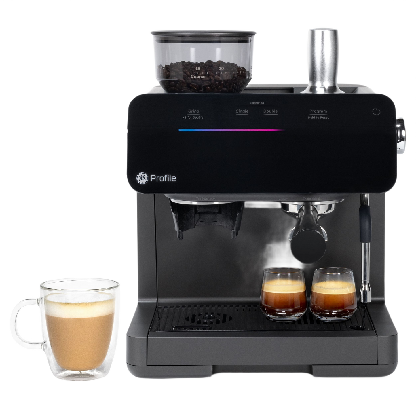 Black semi-automatic espresso machine with built-in frother, transparent bean container, and dual espresso shots brewing