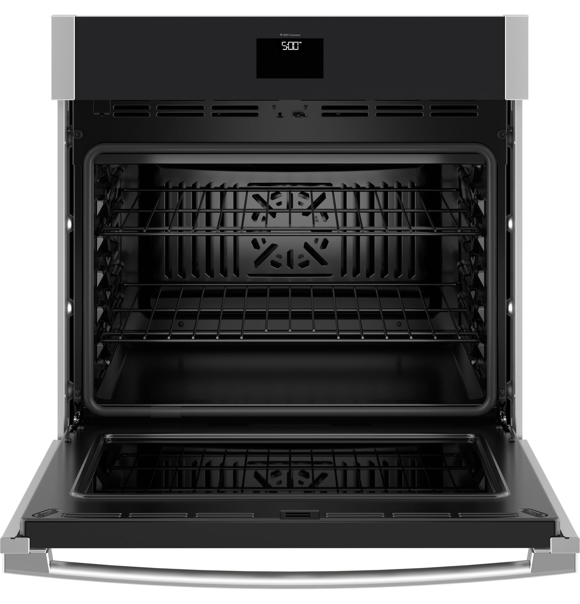 Open black interior convection wall oven with racks and digital control panel from kitchen appliances collection