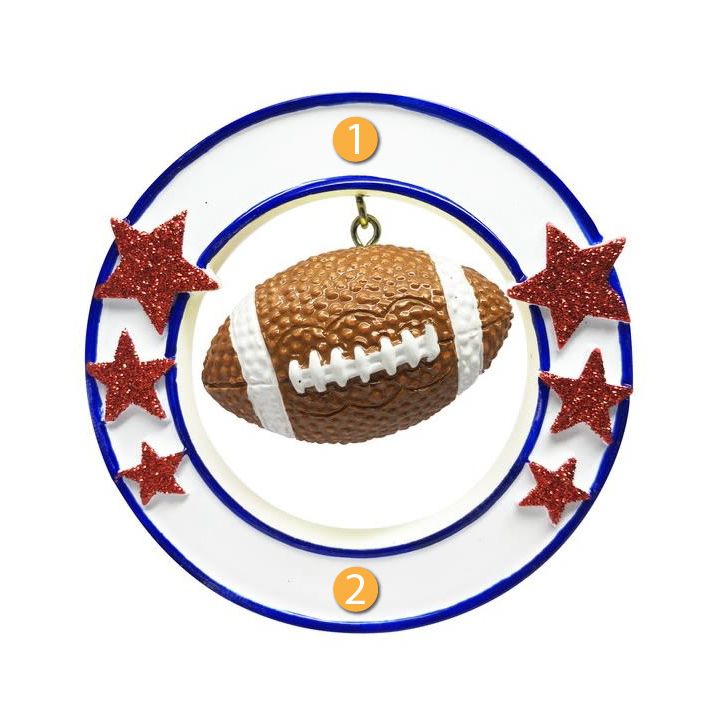 3D football ornament hanging inside blue ring decorated with six glittery red stars in Christmas Ornaments & Tree Decorations collection