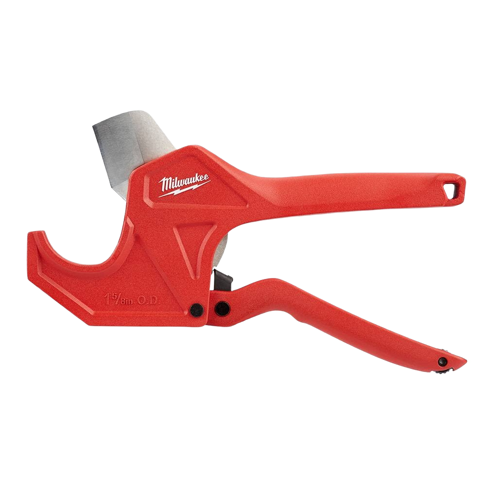 Red ratcheting pipe cutter with ergonomic design and sharp blade for plumbing tasks and home improvement tools
