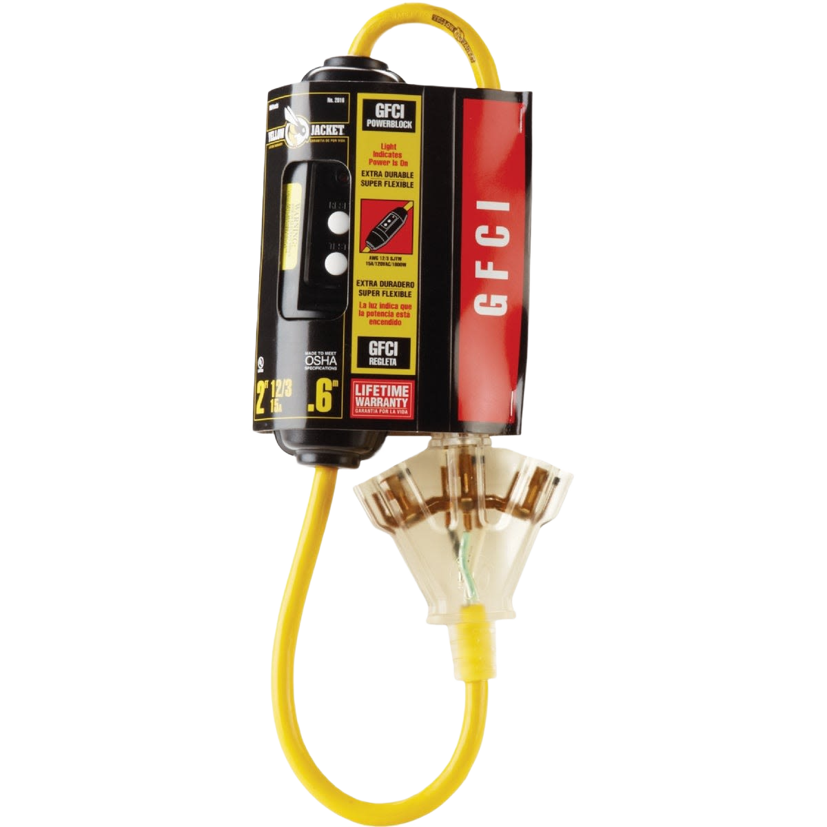 Portable yellow in-line GFI power block with test and reset buttons for electrical safety in Electrical and Under $100 collections