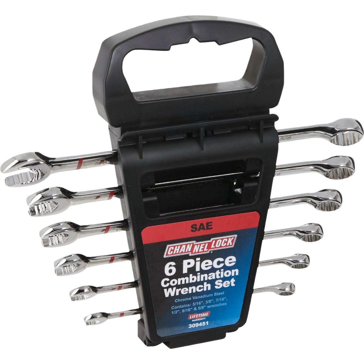 Polished chrome vanadium steel combination wrench set in black plastic holder for hand tools and woodworking tasks under $100