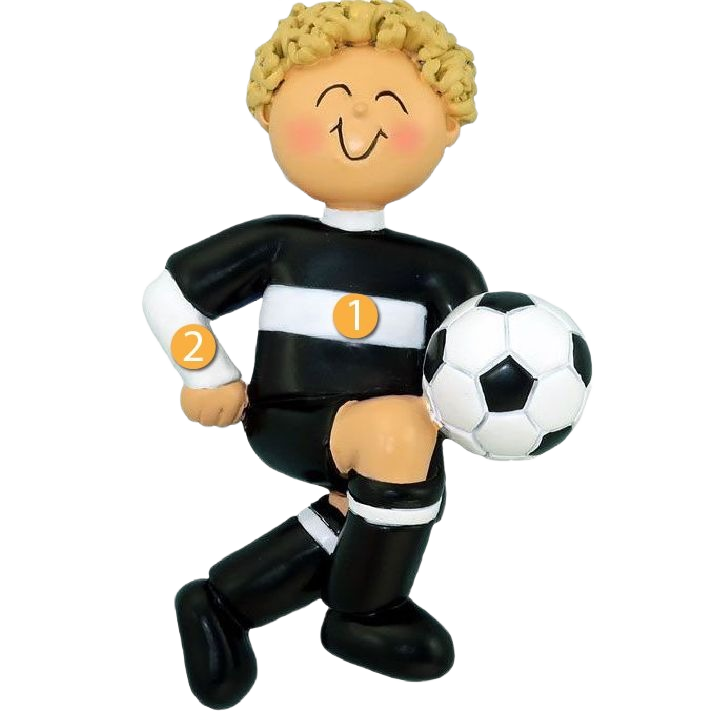 Blonde soccer player ornament in black uniform holding ball from Christmas Ornaments & Tree Decorations under $50 collection