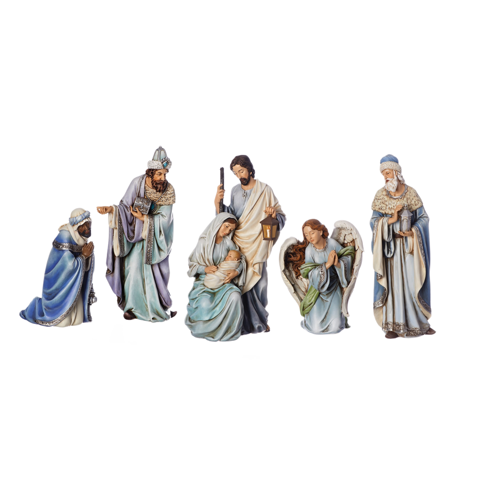 Five-piece nativity set with Mary, Joseph, angel, and three wise men dressed in blue for Christmas decor