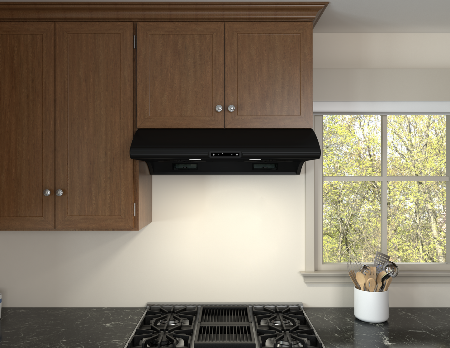 Black 30-inch under-cabinet range hood with LED lighting, digital controls, and sleek design, part of Range Hoods and Kitchen & Kitchenware collections.