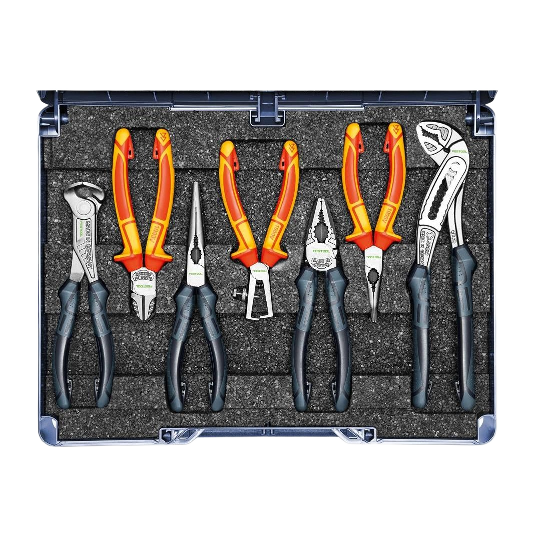Set of insulated pliers with orange handles neatly arranged in a protective foam-lined tool case for home improvement tasks