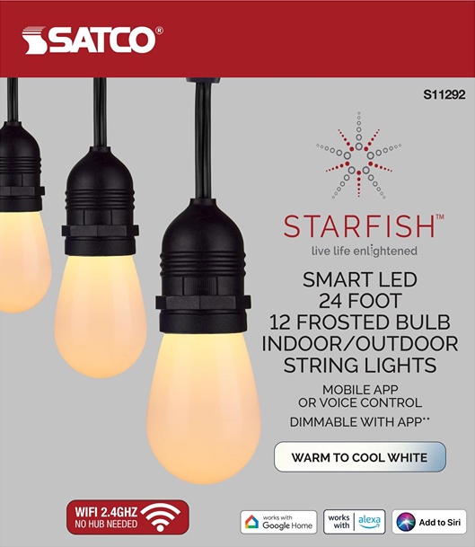 Four frosted smart LED bulbs on black sockets glowing warm white for indoor and outdoor lighting and smart home use