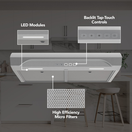 Under-cabinet range hood with backlit touch controls, LED lighting, and high-efficiency micro filters in kitchen appliances collection