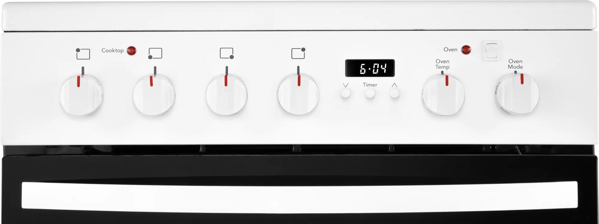 white 24-inch freestanding electric range with control knobs and digital timer in kitchen appliances collection