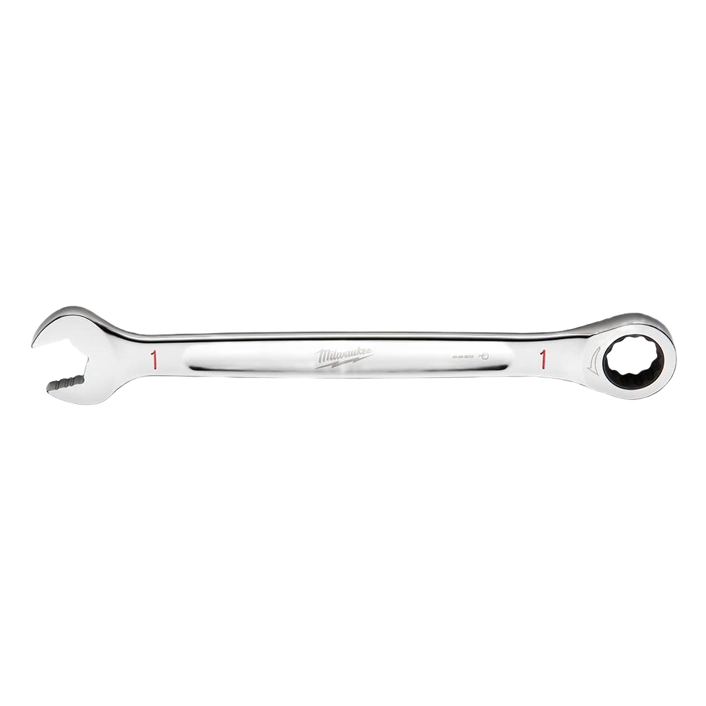 Polished steel ratcheting combination wrench with open and box ends for tools and home improvement tasks