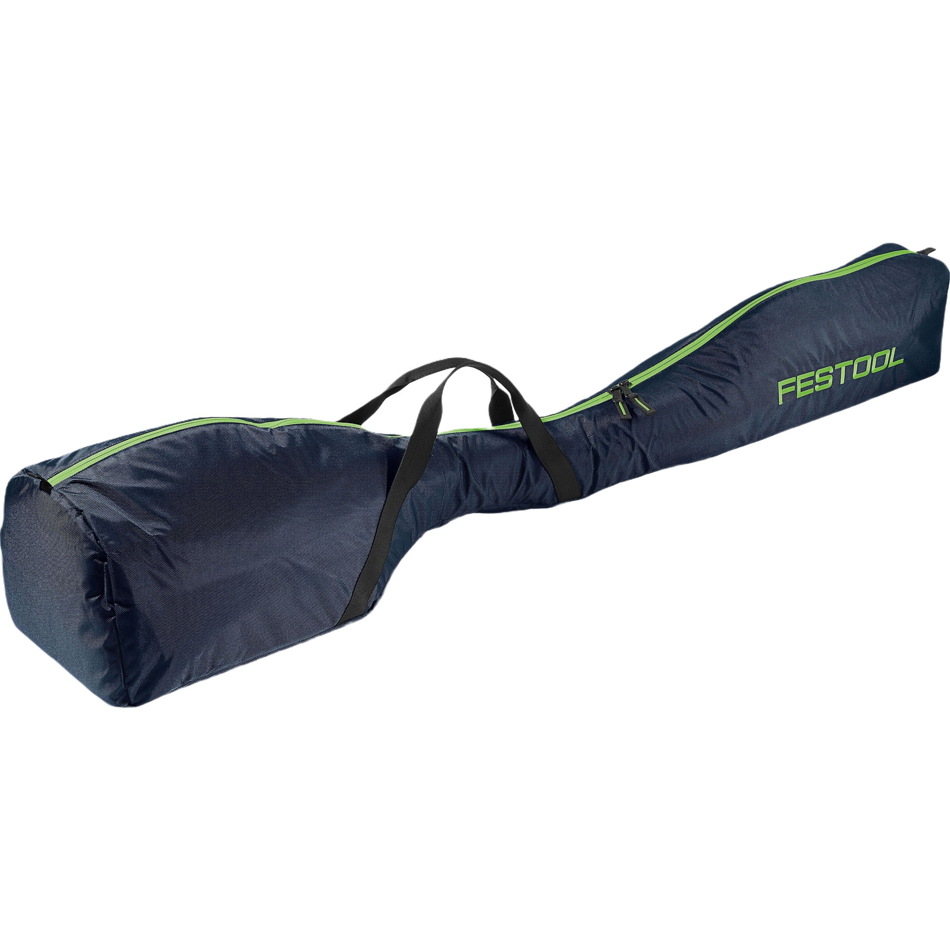 Navy blue Festool transport bag with green zipper and black handles for power tool storage and protection.
