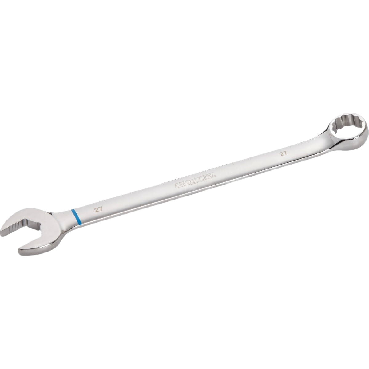 Polished metal combination wrench with open and 12-point box ends for precise metric tool use in home improvement projects