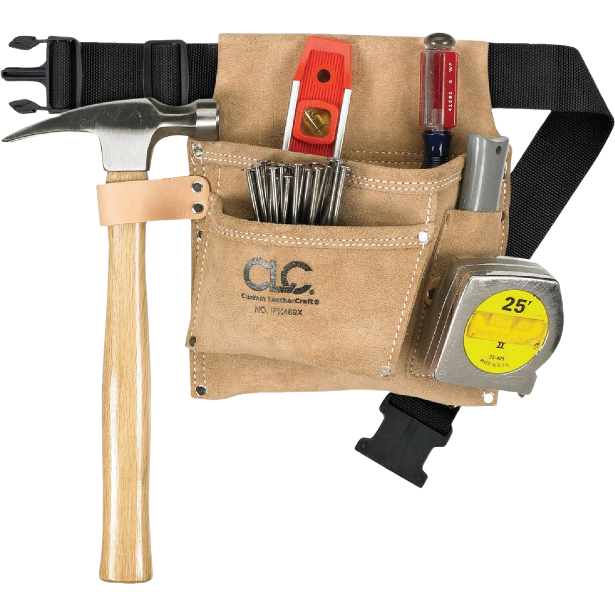 Heavy-duty suede leather nail and tool bag with hammer loop and multiple pockets for woodworking and tool storage.