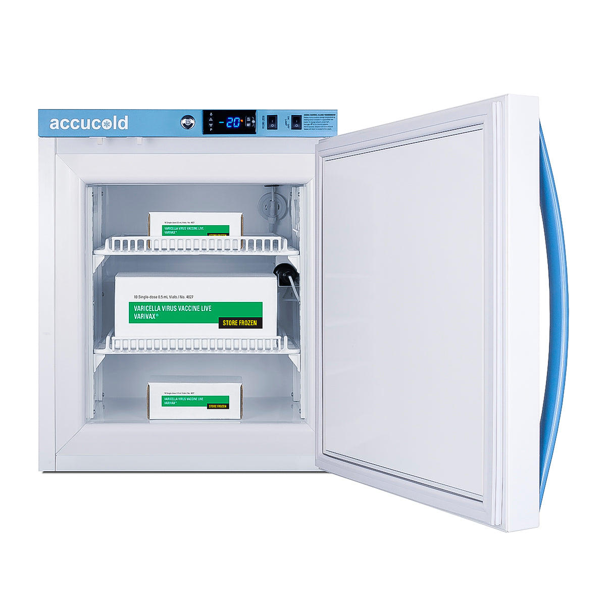 Compact upright white freezer with digital temperature display and open door showing vaccine storage boxes inside