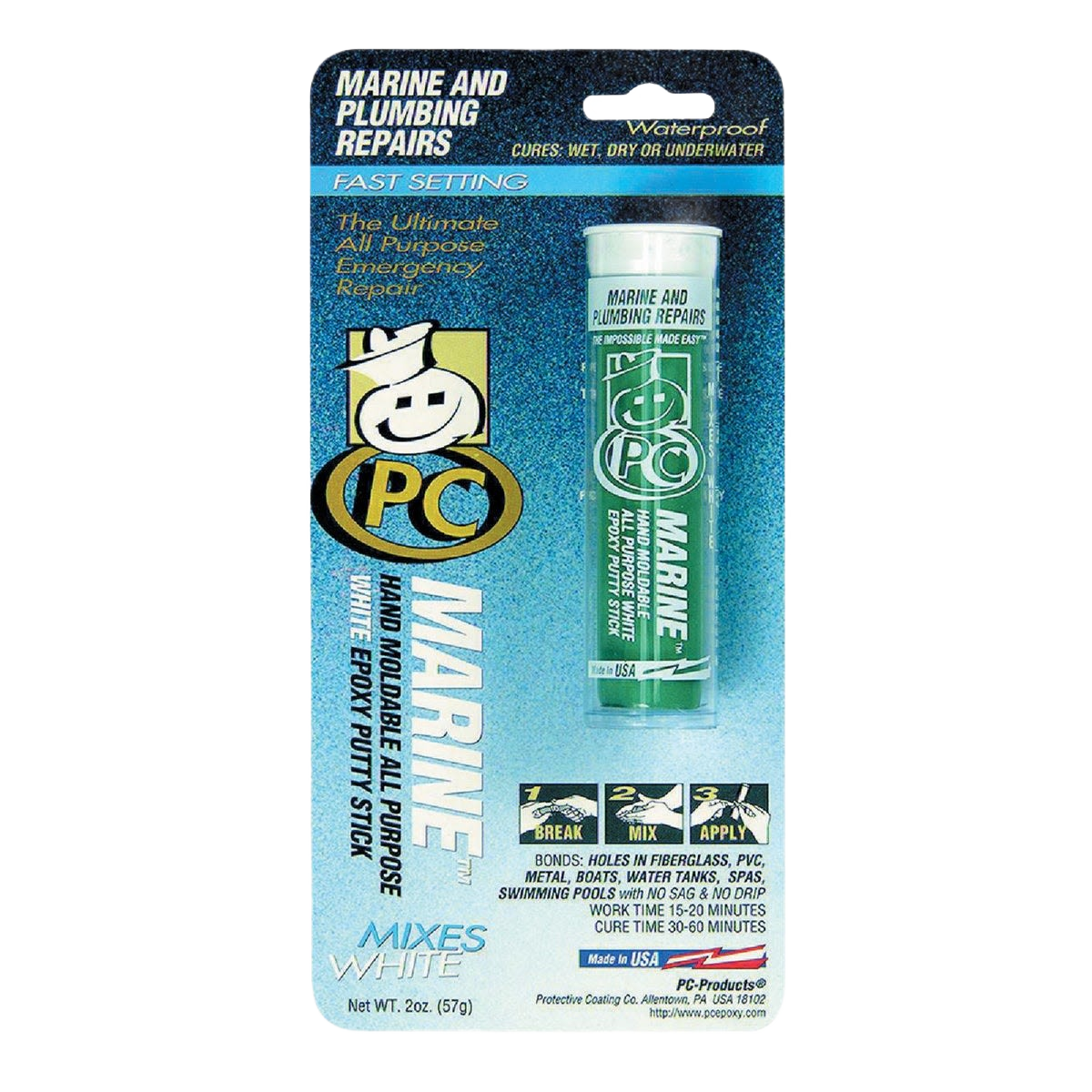 Marine epoxy putty stick for waterproof sealing and repairs on fiberglass, PVC, metal, and boats in home improvement projects.