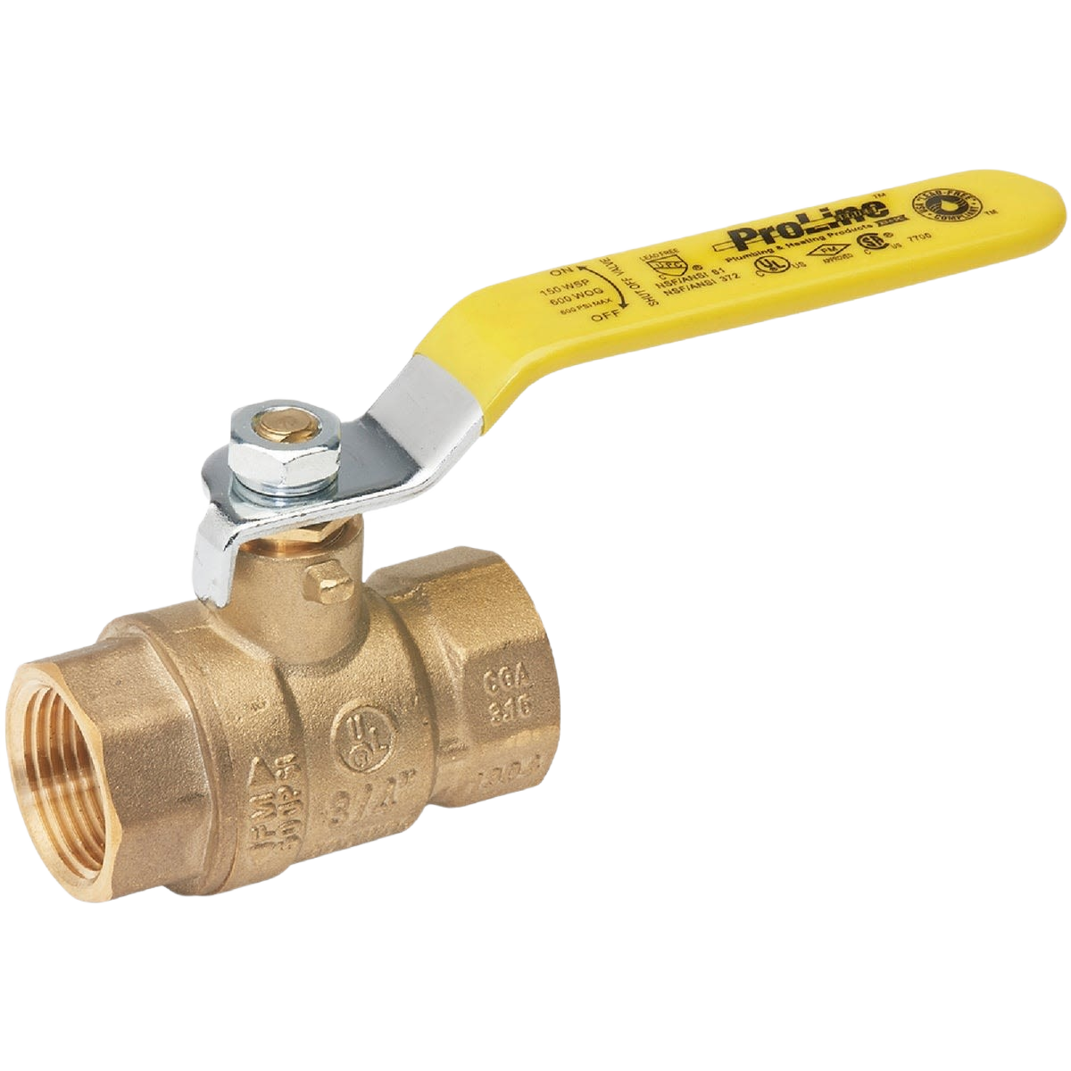 Brass full port ball valve with yellow lever handle for plumbing and home improvement applications