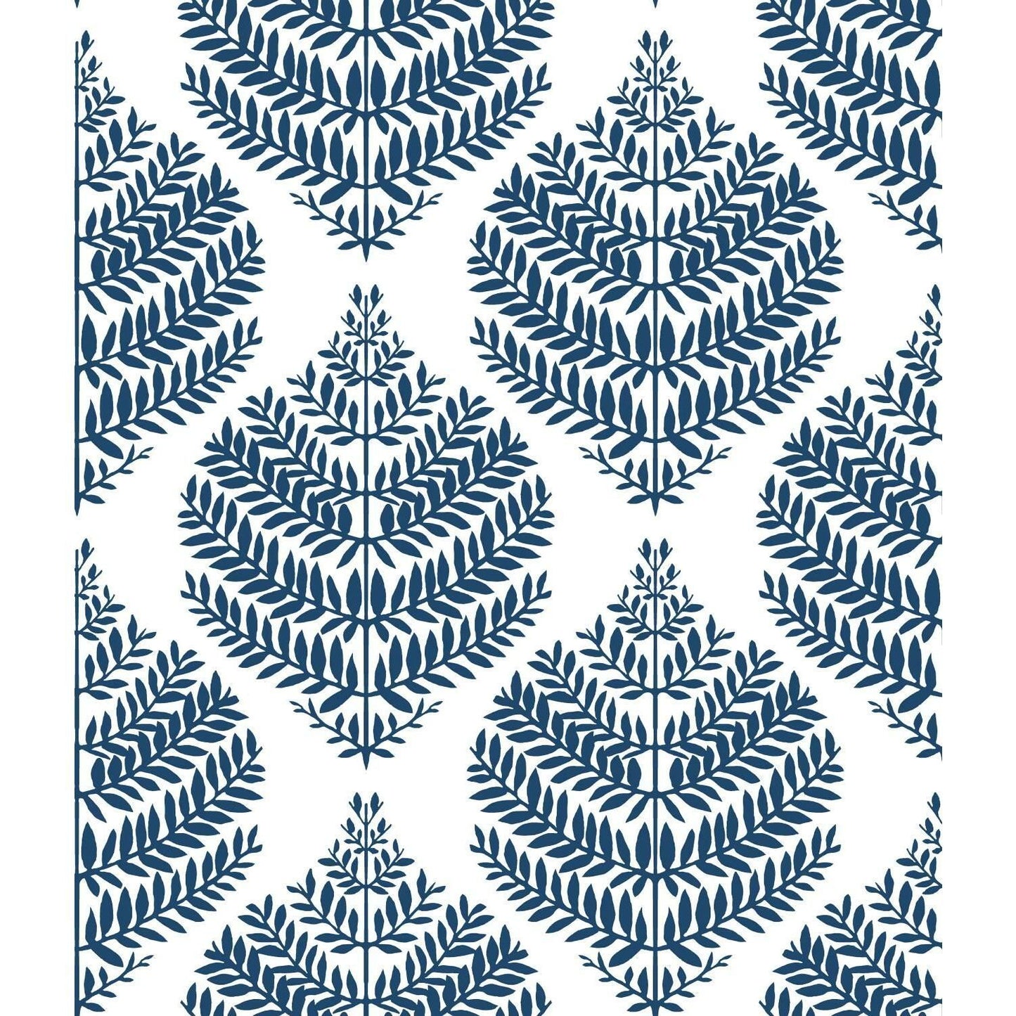 Blue fern damask pattern on white vinyl peel and stick wallpaper for easy home decor updates under $50 collection