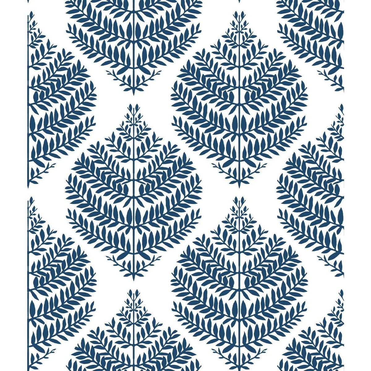 Blue fern damask pattern on white vinyl peel and stick wallpaper for easy home decor updates under $50 collection