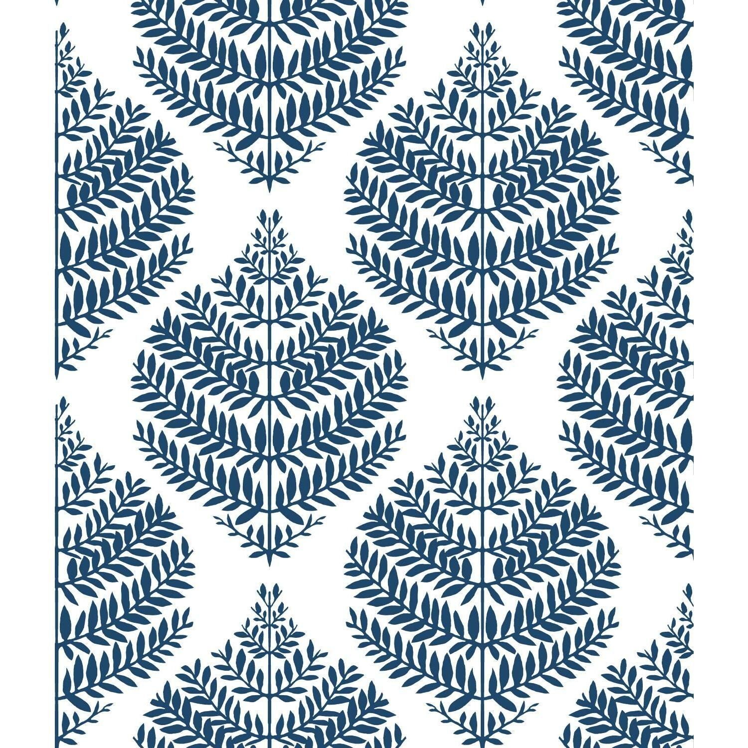 Blue fern damask pattern on white vinyl peel and stick wallpaper for easy home decor updates under $50 collection