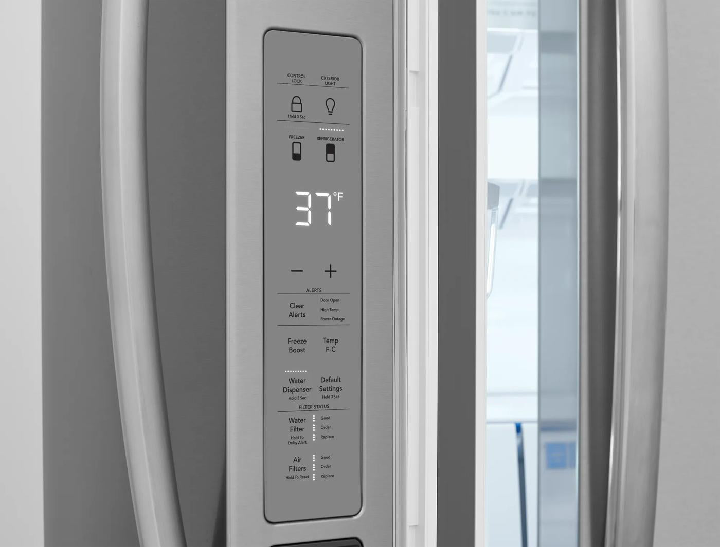 Close-up of a digital control panel on a stainless steel French door refrigerator in kitchen appliances collection