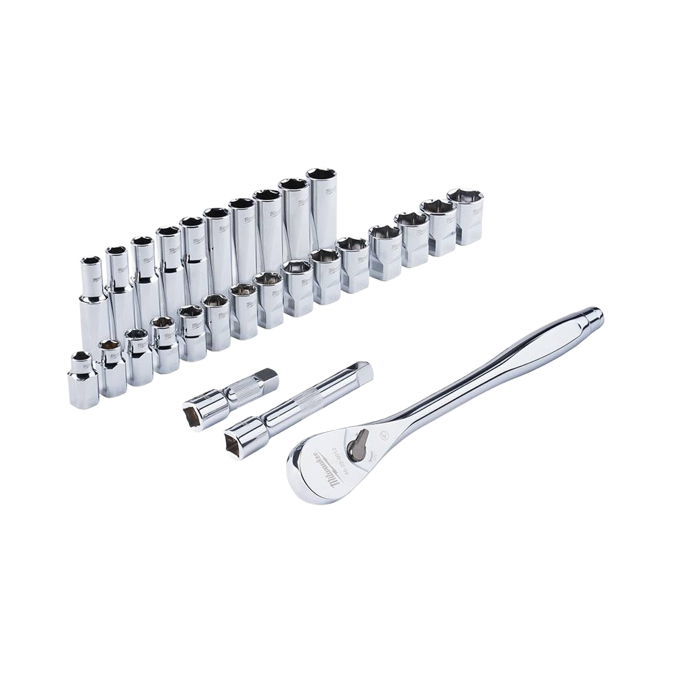 Polished chrome metric sockets and 1/2-inch drive ratchet with extensions for hand and woodworking tools collections