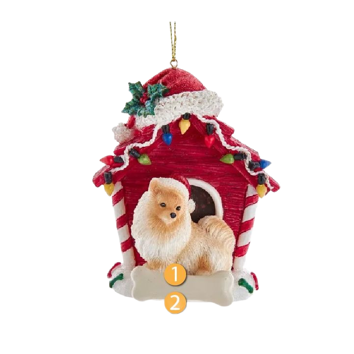 Festive Pomeranian dog figurine wearing Santa hat inside a red dog house decorated with holiday lights.
