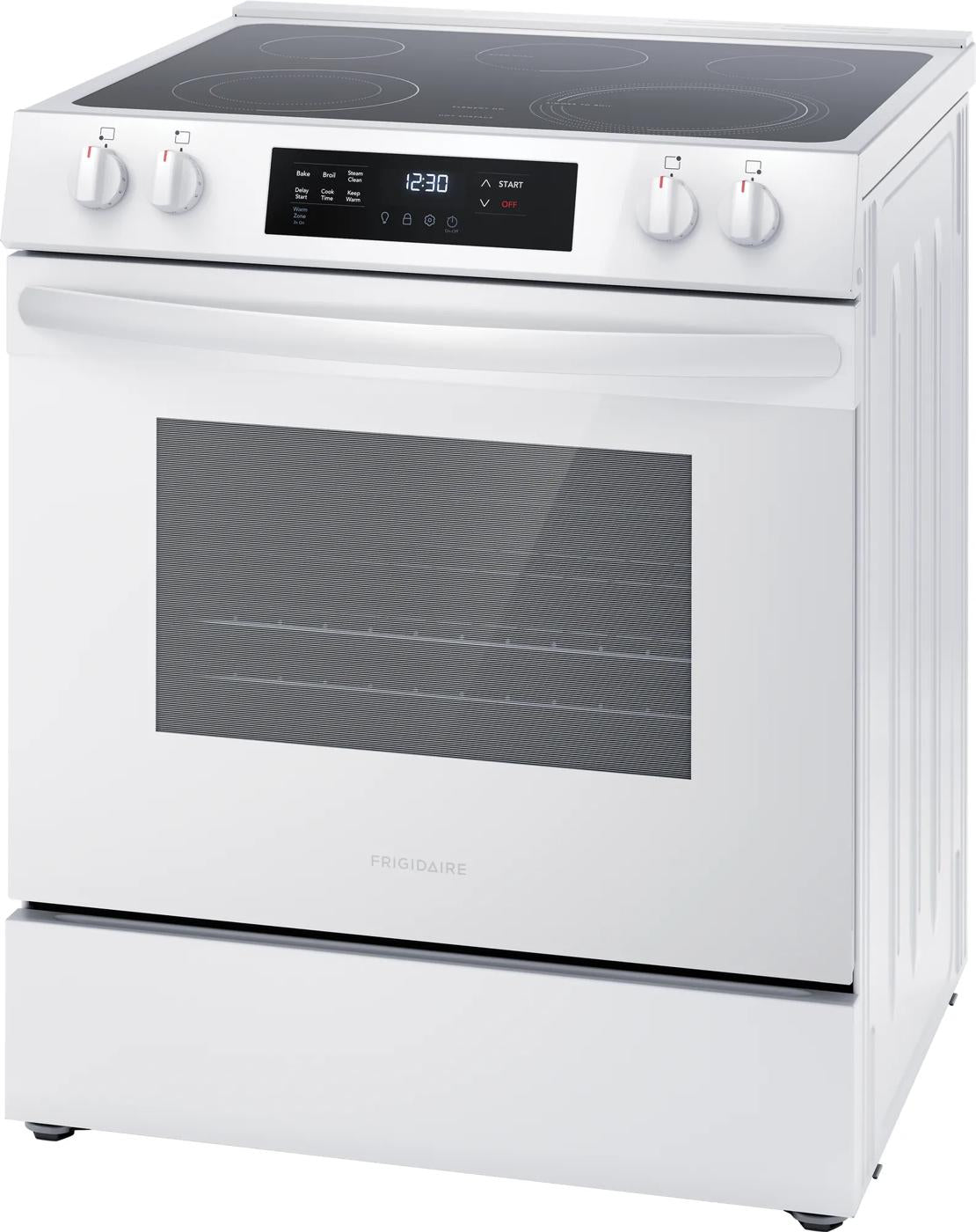 White front control electric range with smooth cooktop, digital display, and large window oven in modern kitchen setting