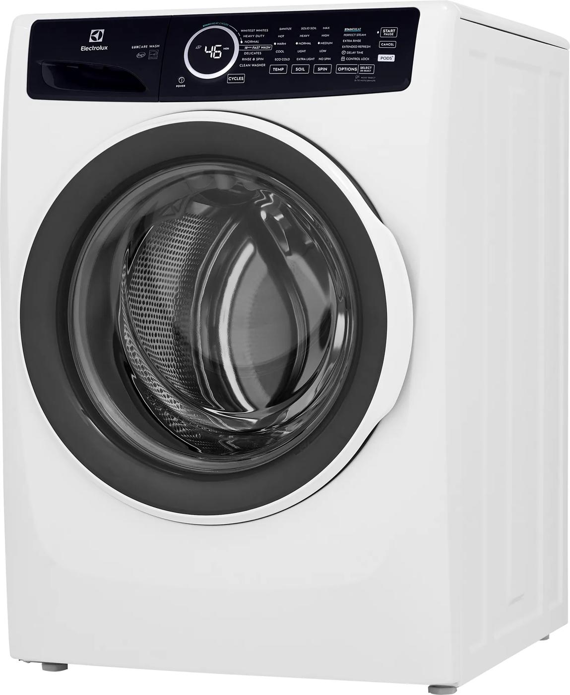White front load washer with digital display, black door trim, and control panel for front load washers collection