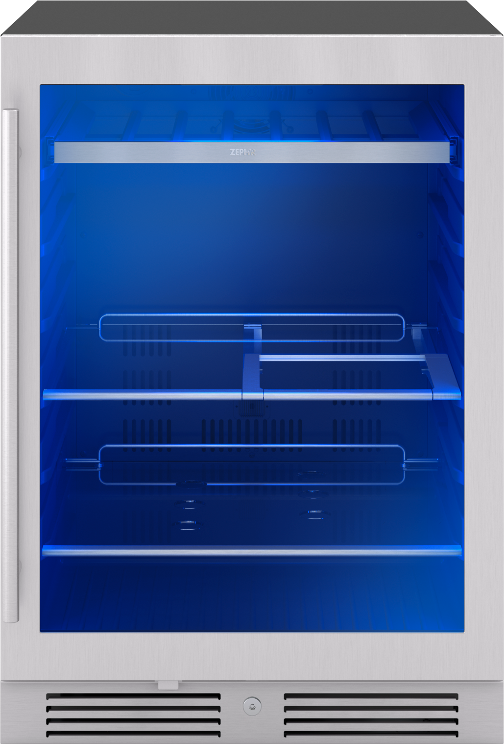 stainless steel beverage cooler with glass door, blue interior light, full-extension wood rack, and retractable shelf in refrigerators collection