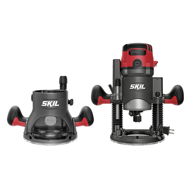 Red and black SKIL plunge and fixed base router components with ergonomic handles for precision woodworking tasks