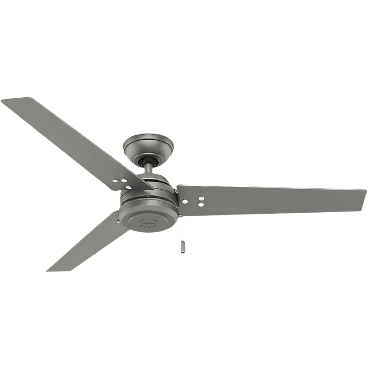 Matte silver outdoor ceiling fan with three blades designed for covered porches and indoor spaces in lighting collections