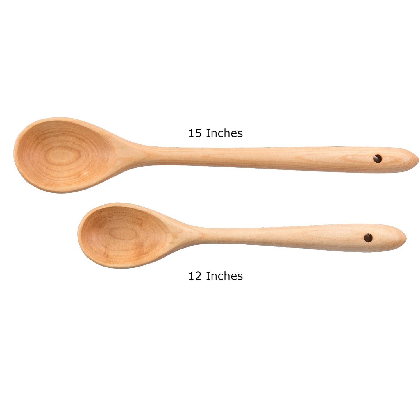 Two handcrafted solid American Hard Maple wooden spoons with hanging holes for kitchen utensils under $50 collection