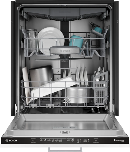 Open front view of Bosch 800 Series 24-inch dishwasher interior with organized dishes and stainless steel finish from Kitchen & Kitchenware collections