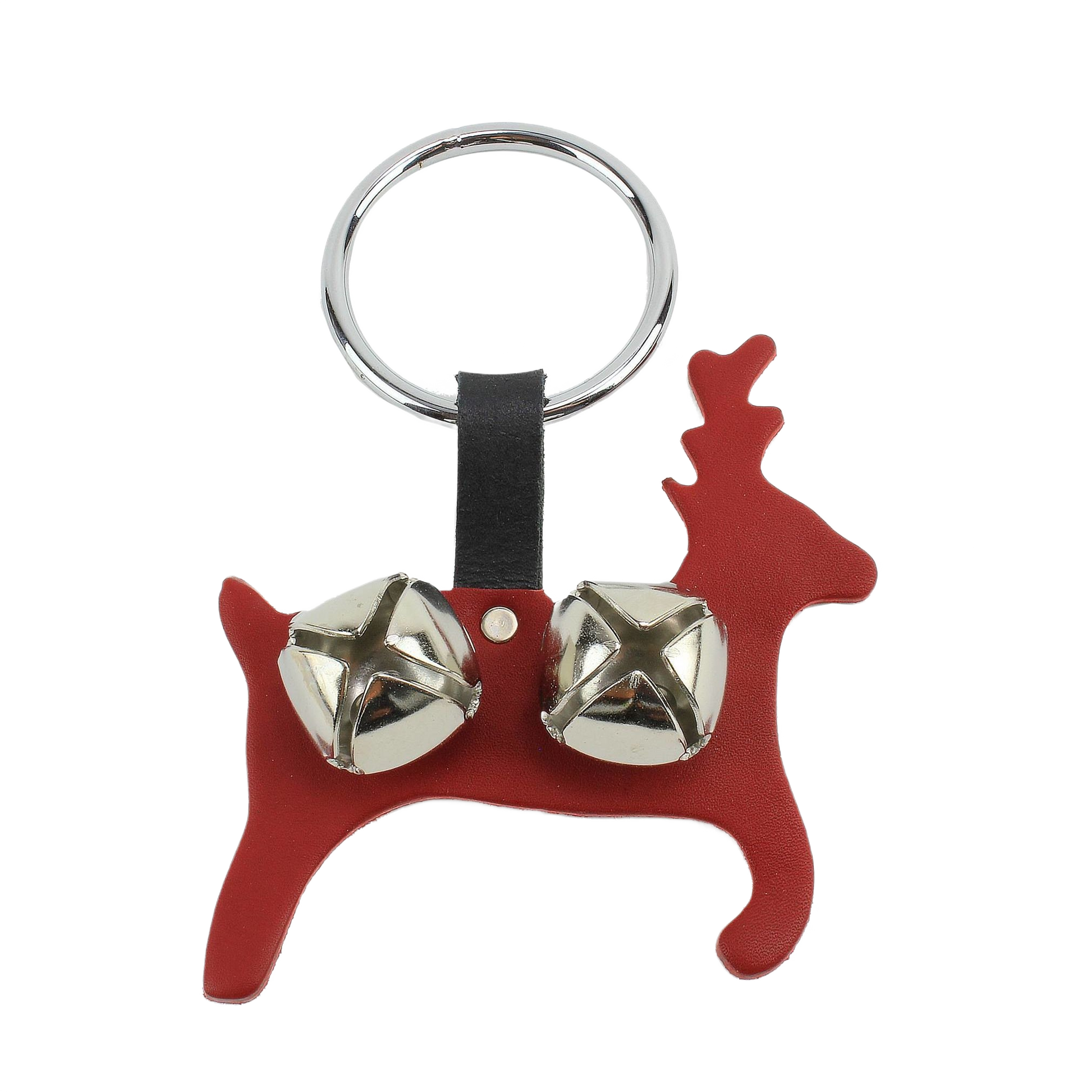 Red leather reindeer-shaped bell hanger with silver jingle bells for indoor Christmas decorations under $25 collection