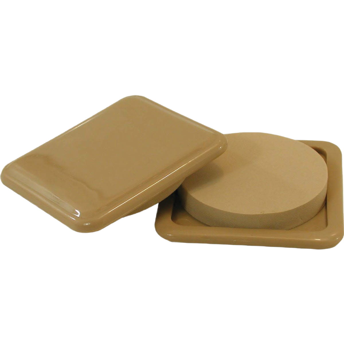 Square-shaped almond-colored furniture glides designed to protect floors and improve furniture movement in home improvement projects
