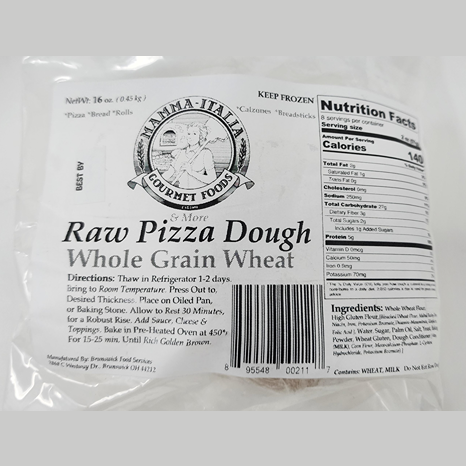 Package of raw whole grain wheat pizza dough with nutrition facts and preparation instructions for grilling and food collections under $50