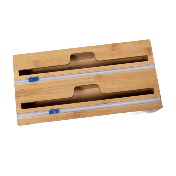 Bamboo dual-roll wrap dispenser with built-in cutters for plastic wrap and foil in Kitchenware and Under $50 collections