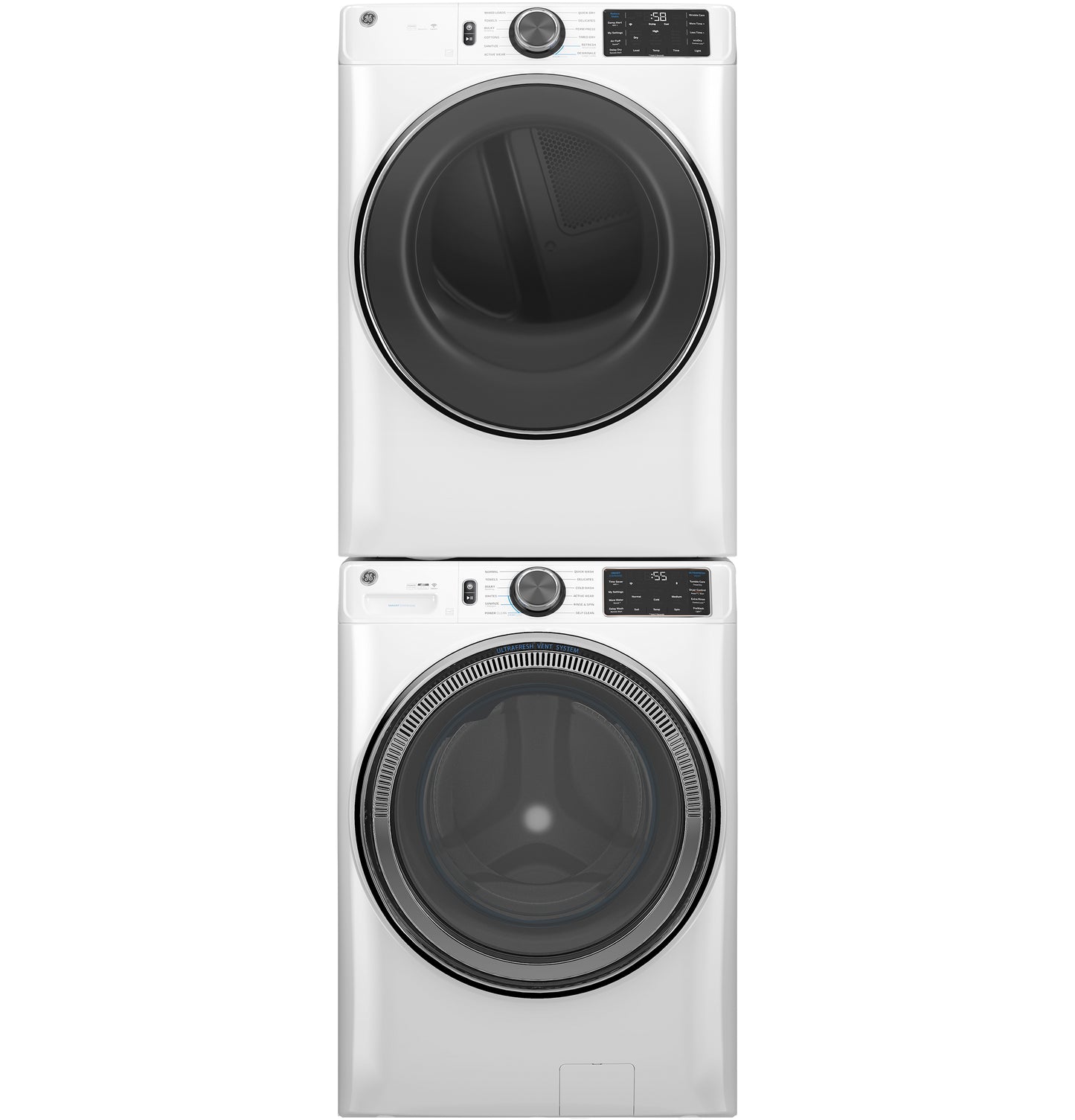 Stacked modern white front load washer and dryer set from washers and dryers appliance collection
