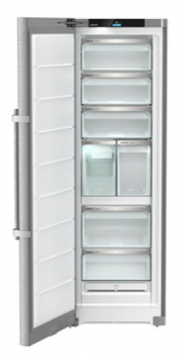 Freestanding stainless steel freezer with left hinge, multiple transparent drawers, and modern design in kitchen appliances collection